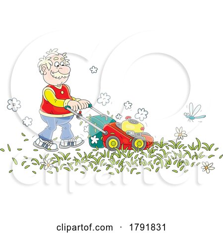 Cartoon Senior Man Mowing a Lawn by Alex Bannykh