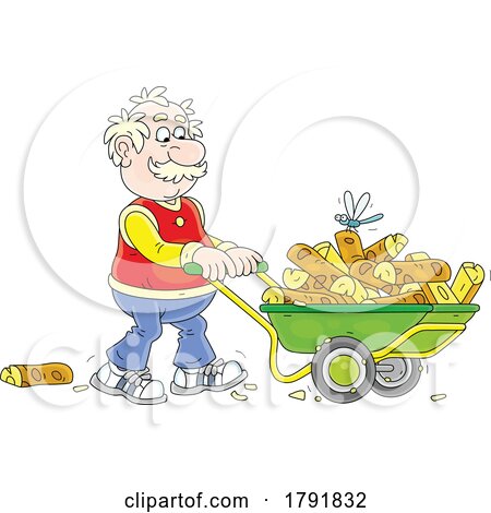 Cartoon Senior Man Moving Firewood in a Wheelbarrow by Alex Bannykh