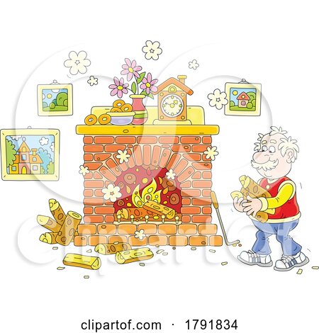 Cartoon Senior Man Putting Wood in a Fireplace by Alex Bannykh