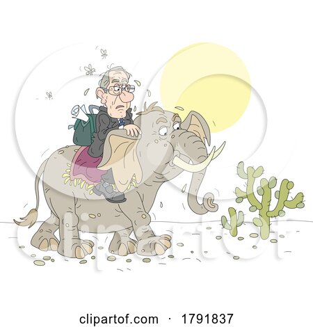 Cartoon Tired Politician Riding an Elephant in a Desert by Alex Bannykh