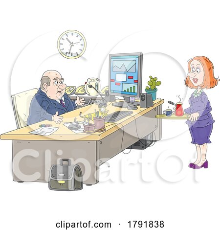 Cartoon Assistant Serving Her Boss Tea or Coffee by Alex Bannykh