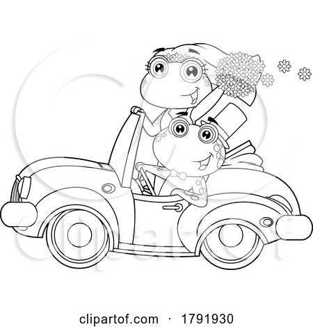 Cartoon Black and White Frog Wedding Couple Driving Away by Hit Toon