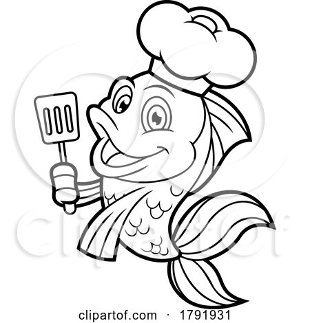 Cartoon Black and White Chef Goldfish Holding a Spatula by Hit Toon