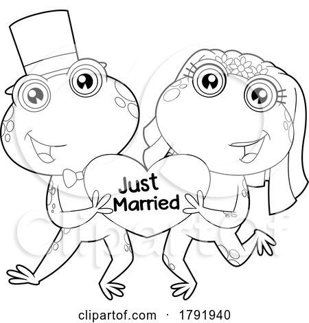 Cartoon Black and White Frog Wedding Couple Holding a Just Married Heart by Hit Toon