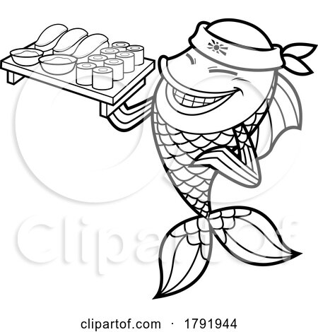 Cartoon Black and White Sushi Chef Goldfish Holding Food by Hit Toon
