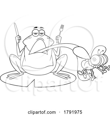 Cartoon Black and White Frog with Silverware Catching a Fly by Hit Toon