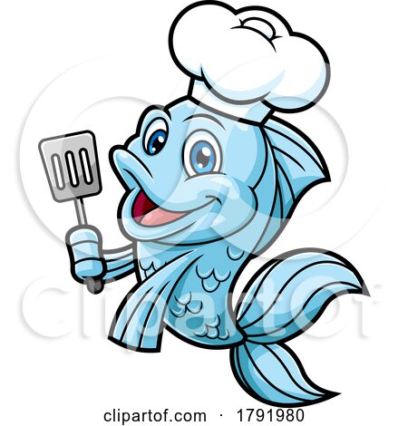 Cartoon Blue Chef Goldfish Holding a Spatula by Hit Toon