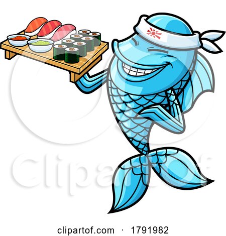 Cartoon Blue Sushi Chef Goldfish Holding Food by Hit Toon