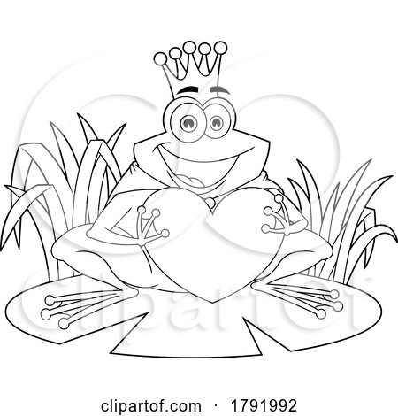 Cartoon Black and White Frog Prince or King Holding a Heart by Hit Toon