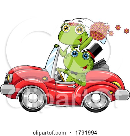 Cartoon Frog Wedding Couple Driving Away by Hit Toon