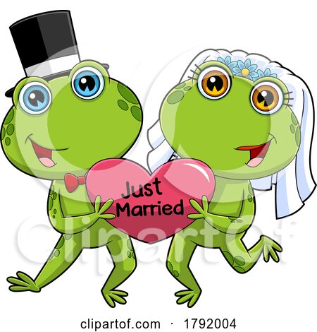 Cartoon Frog Wedding Couple Holding a Just Married Heart by Hit Toon