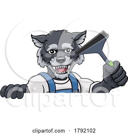 Wolf Car or Window Cleaner Holding Squeegee by AtStockIllustration