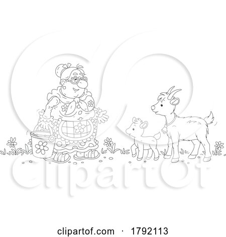 Cartoon Black and White Lady and Goats by Alex Bannykh