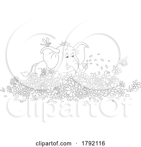 Cartoon Black and White Elephant Watering a Garden by Alex Bannykh