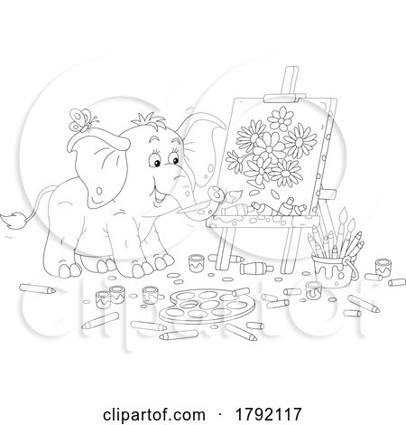 Cartoon Black and White Elephant Painting Flowers by Alex Bannykh