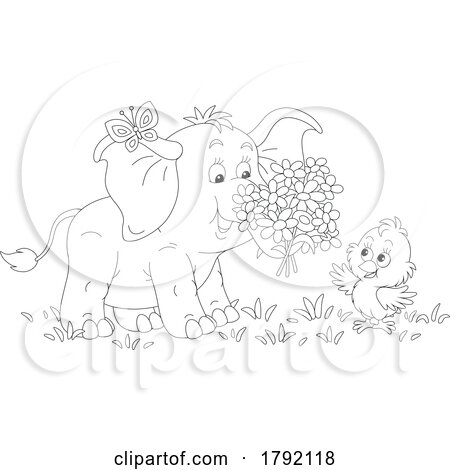 Cartoon Black and White Elephant Giving Flowers to a Chick by Alex Bannykh