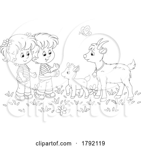 Cartoon Black and White Children and Goats by Alex Bannykh