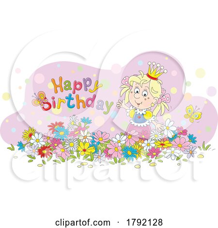 Cartoon Happy Birthday Greeting and Princess by Alex Bannykh