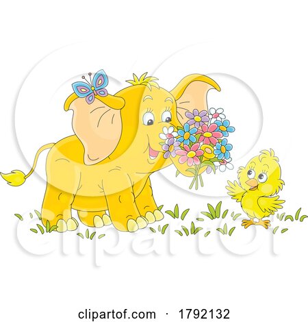 Cartoon Elephant Giving Flowers to a Chick by Alex Bannykh