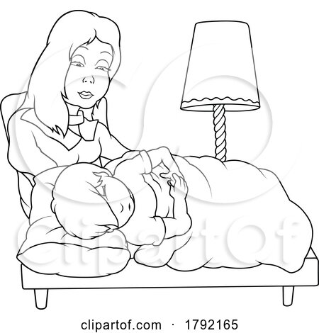 Cartoon Black and White Sick Boy in Bed and His Mother by dero
