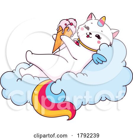 Unicorn Cat with an Ice Cream Cone on a Cloud by Vector Tradition SM