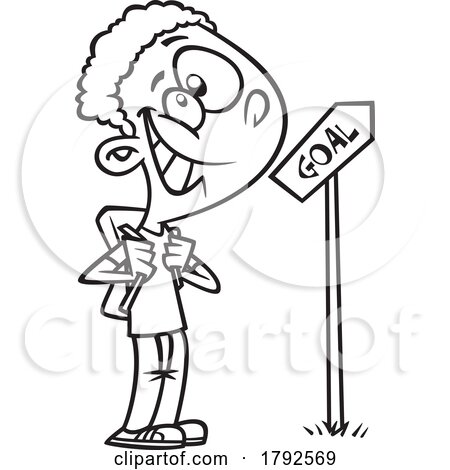 Cartoon Clipart Black and WhiteHappy Boy at a Goal Sign by toonaday