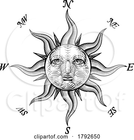 Compass Sun Face Etching Rose Woodcut Drawing by AtStockIllustration