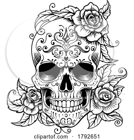 Skull Roses Abstract Pattern Tattoo Design by AtStockIllustration
