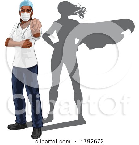 Super Hero Black Woman Doctor or Nurse Pointing by AtStockIllustration