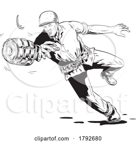 World War Two American Gi Soldier Throwing Hand Grenade Front View Comics Style Drawing by patrimonio