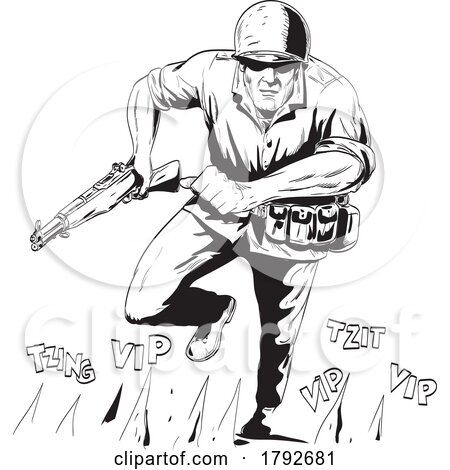 World War Two American GI Soldier Running with Rifle Front View Comics Style Drawing by patrimonio