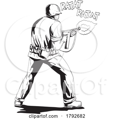 World War Two American GI Soldier Firing Aiming Rifle Viewed from Rear Comics Style Drawing by patrimonio