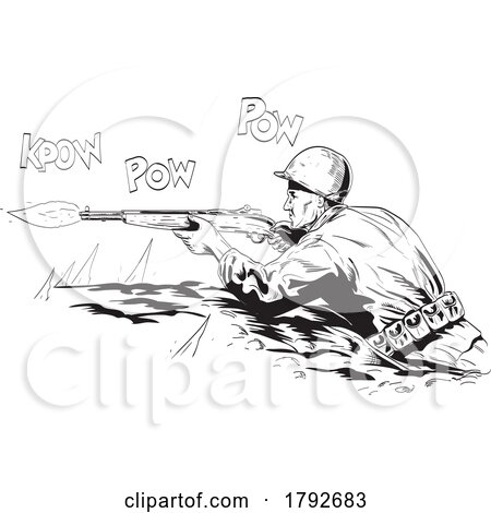 World War Two American Gi Soldier Aiming Firing Rifle in Foxhole Side View Comics Style Drawing by patrimonio