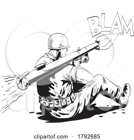 World War Two American GI Soldier Firing Bazooka Comics Style Drawing by patrimonio