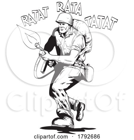 World War Two American GI Soldier Firing Rifle Running Comics Style Drawing by patrimonio