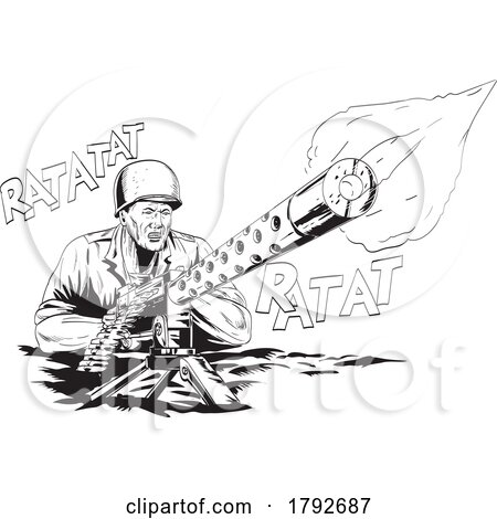 World War Two American Gi Soldier Aiming Firing Machine Gun Front View Comics Style Drawing by patrimonio