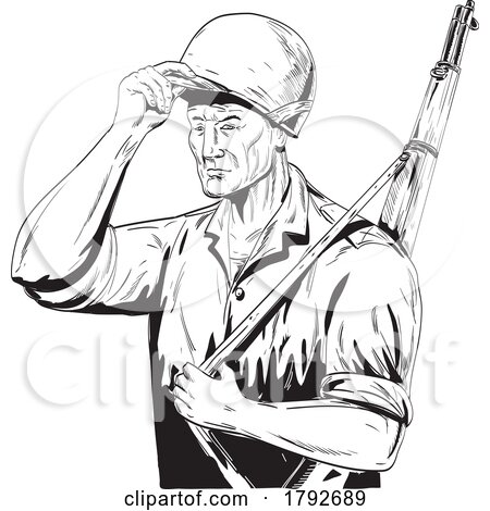 World War Two American Gi Soldier Tipping Helmet Side View Comics Style Drawing by patrimonio
