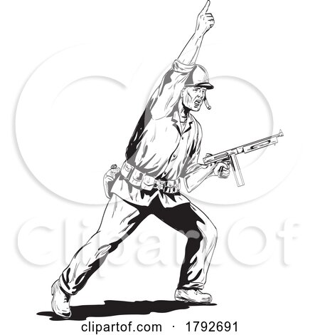 World War Two American GI Soldier with Rifle Leading Charge Side Angle View Comics Style Drawing by patrimonio