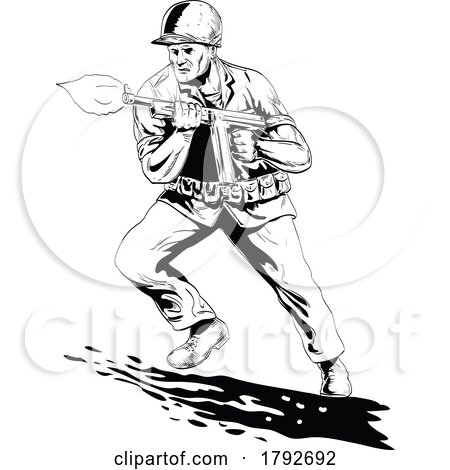 World War Two American GI Soldier Firing Tommy Gun Front View Comics Style Drawing by patrimonio