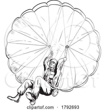 World War Two American GI Soldier Paratrooper Military Parachutist Viewed from Low Angle Comics Style Drawing by patrimonio
