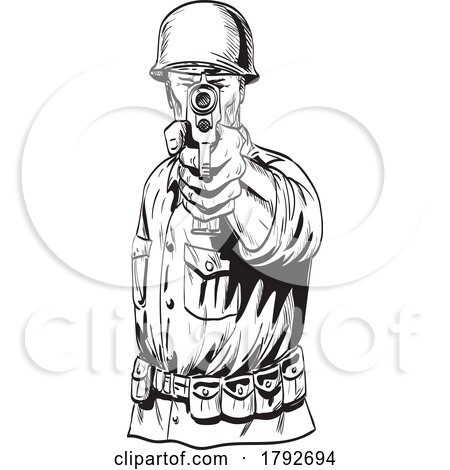 World War Two American GI Soldier Aiming Pistol Viewed from Front Comics Style Drawing by patrimonio
