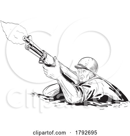 World War Two American GI Soldier Aiming Firing Rifle Front Low Angle View Comics Style Drawing by patrimonio