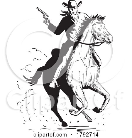 Cowboy with Pistol Riding a Galloping Horse Comics Style Drawing by patrimonio