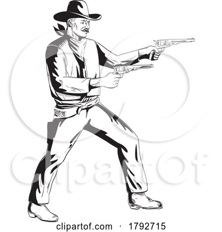 Cowboy with Two Pistol Revolver Aiming Side View Comics Style Drawing by patrimonio