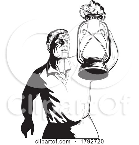 Man Holding Farmer's Light up Lantern Low Angle Comics Style Drawing by patrimonio