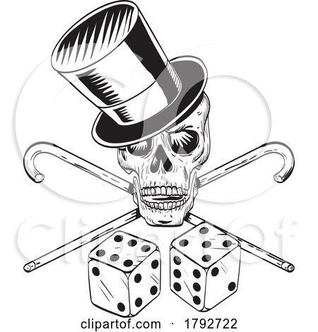 Skull Wearing Top Hat with Crossed Cane and Dice Front View Comics Style Drawing by patrimonio