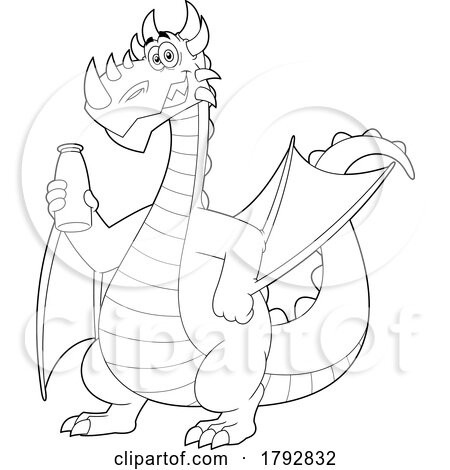 Cartoon Happy Dragon with a Milk Mustache in Black and White by Hit Toon