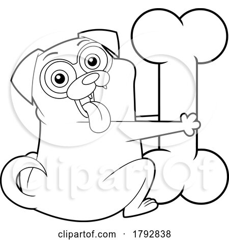 Cartoon Excited Pug Dog Holding a Giant Bone in Black and White by Hit Toon