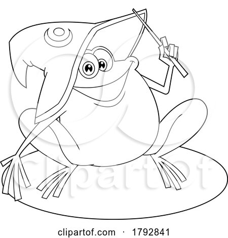 Cartoon Frog Wizard Holding a Wand in Black and White by Hit Toon