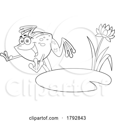 Cartoon Frog Leaping from a Lily Pad in Black and White by Hit Toon